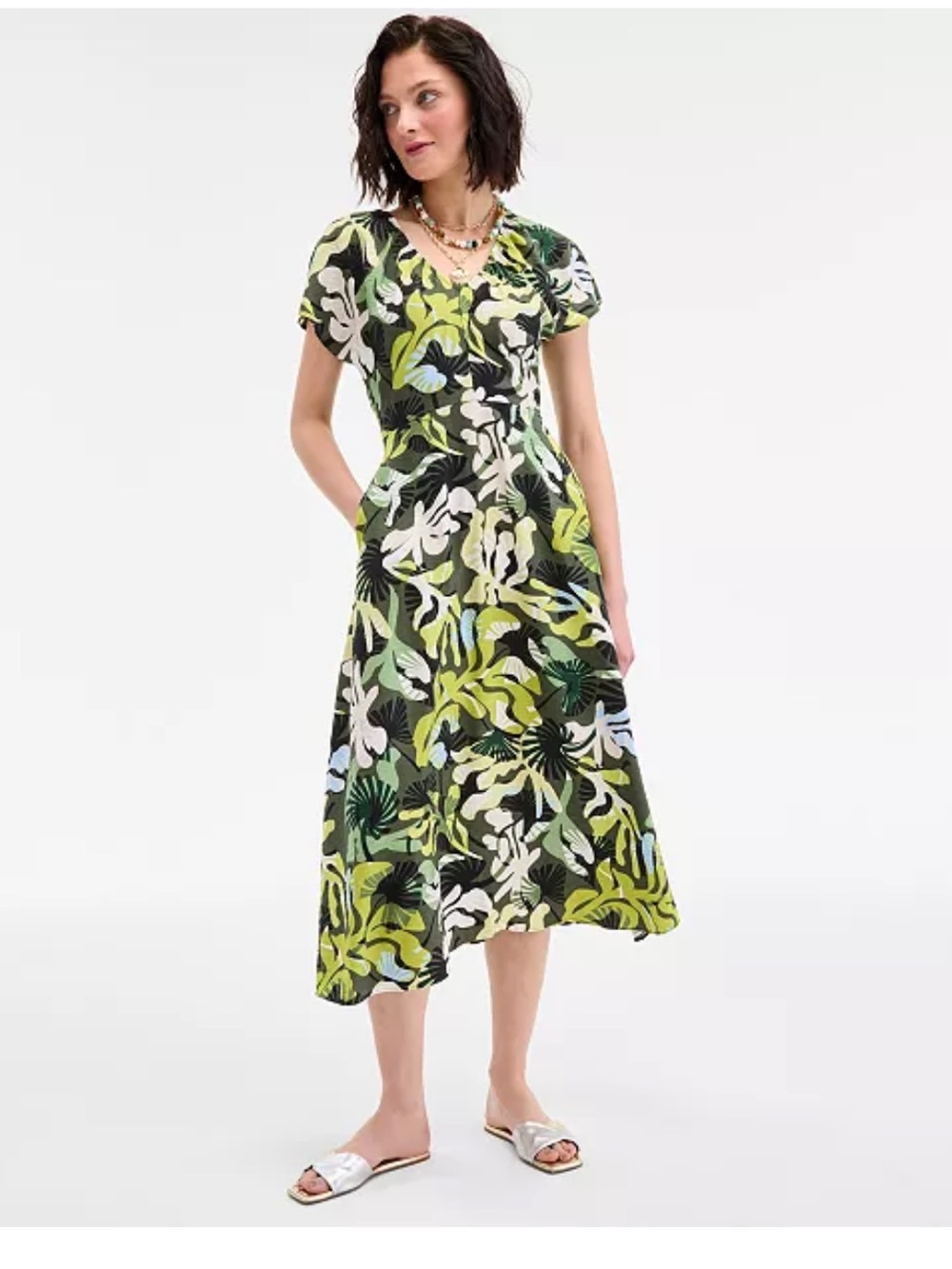 Floral Green V-Neck Midi Dress